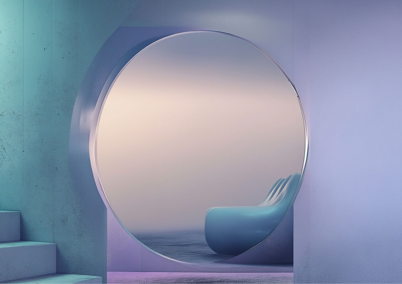 Circular mirror reflecting a futuristic room with soft lighting and a sleek chair.