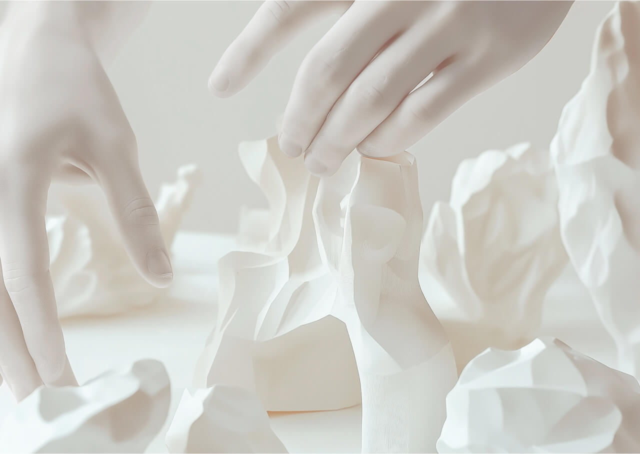 Close-up of hands shaping abstract sculptures, representing creative and interdisciplinary problem-solving